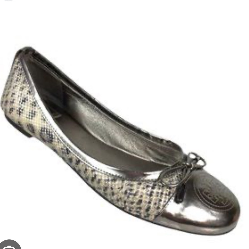 Tory Burch Verbena Silver Patent Toe Grey Snakeskin Bow Flats